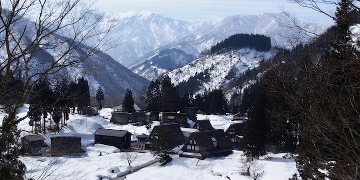 Snow covers the UNESCO-protected village of Gokayama in Chubu, Japan