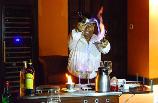 Pouring fired brandy at Danzante
