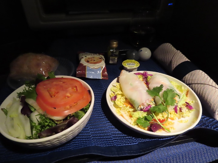 Cold appetizer and salad on the flight over