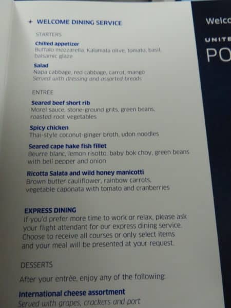 The dinner menu on the flight over