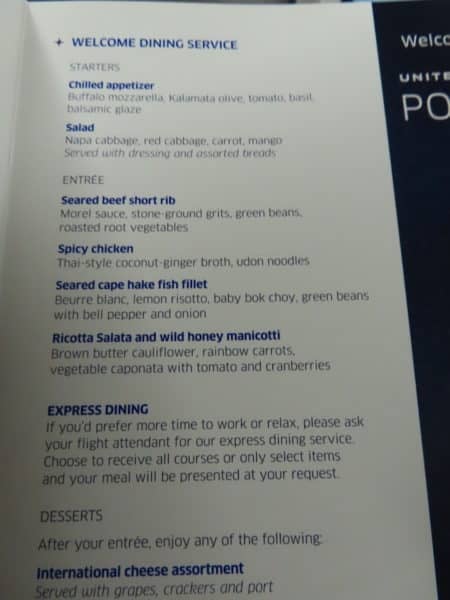 The dinner menu on the flight over