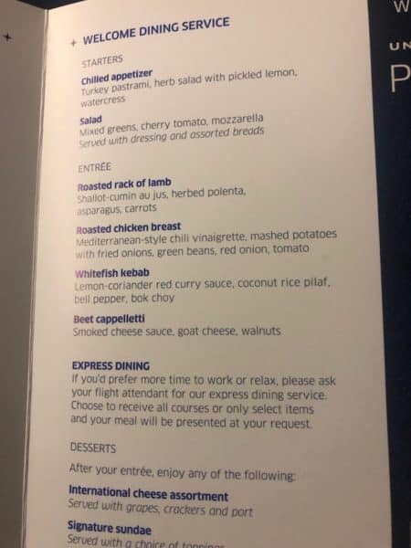 Dinner menu on the return flight
