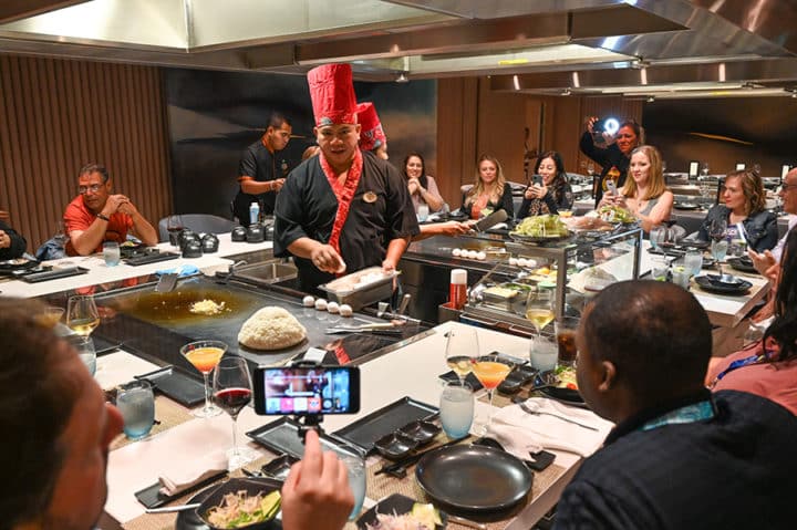 At Teppanyaki, hibachi-style dining includes a lively cooking performance with music and jokes