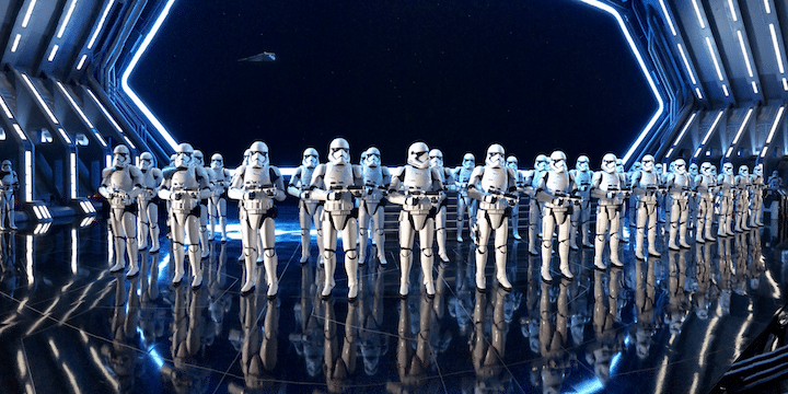 A sight to behold: 50 animatronic stormtroopers await guests inside the hangar of the Star Destroyer