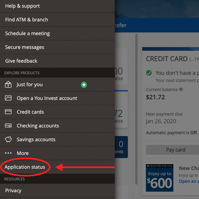 Chase credit card application status