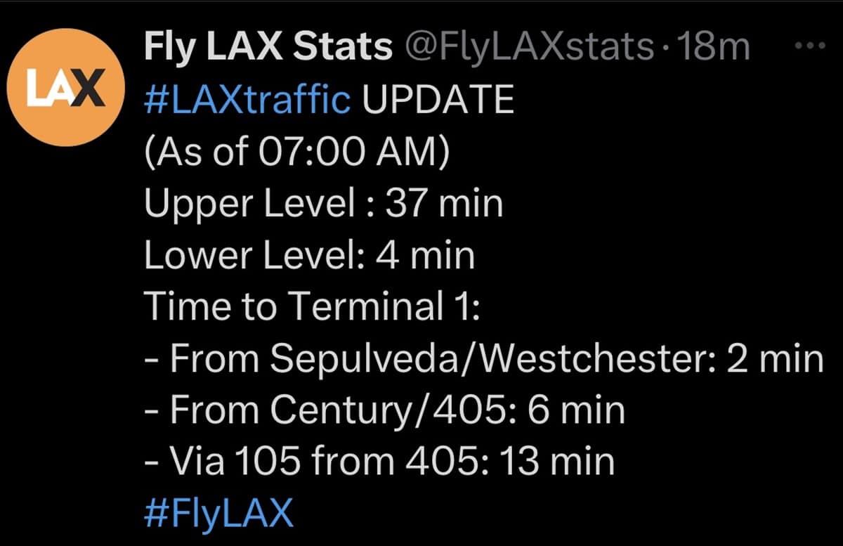 I check FlyLAXStats on X (formerly Twitter) to see what airport traffic is like.