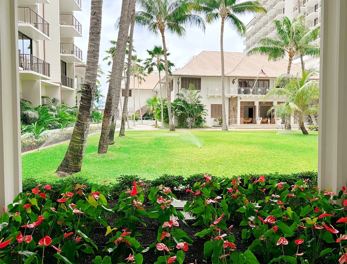 Open-air corridors at the Halekulani hotel in Waikiki.