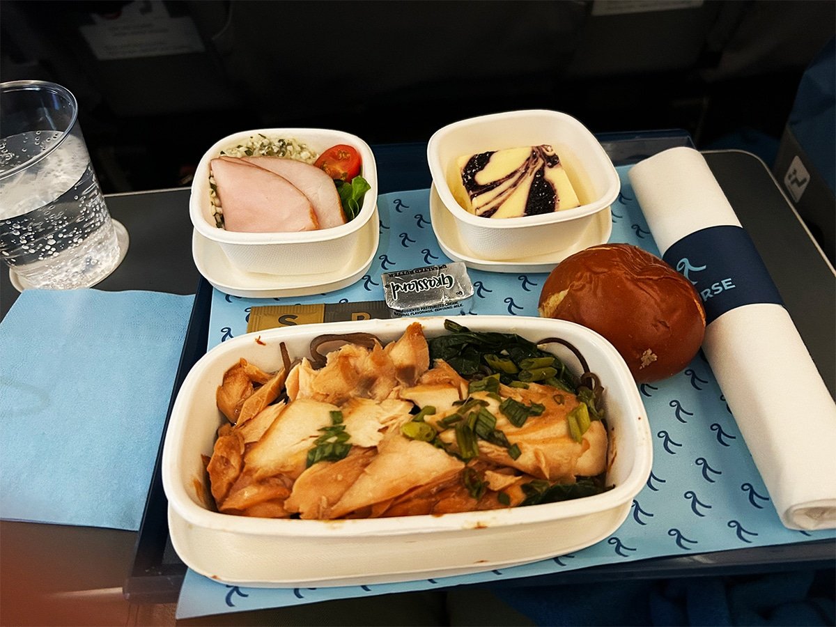 In-flight meal on Norse Atlantic flight from LAX to CDG.