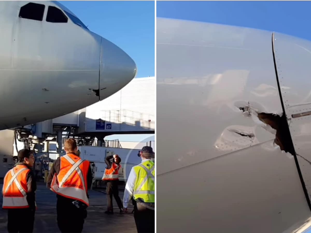 The nose of an Air Canada aircraft was damaged when a catering truck hit it.