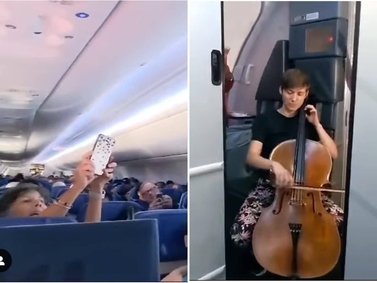 A cellist performs Bach aboard a Southwest Airlines flight.