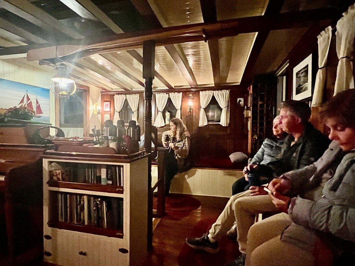Guests tucked in the Deck House on the "Angelique"