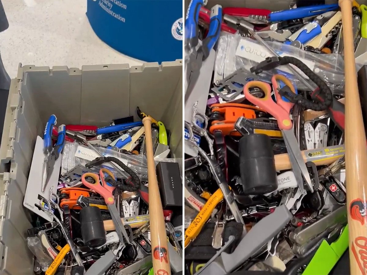 A bin of items prohibited by TSA.