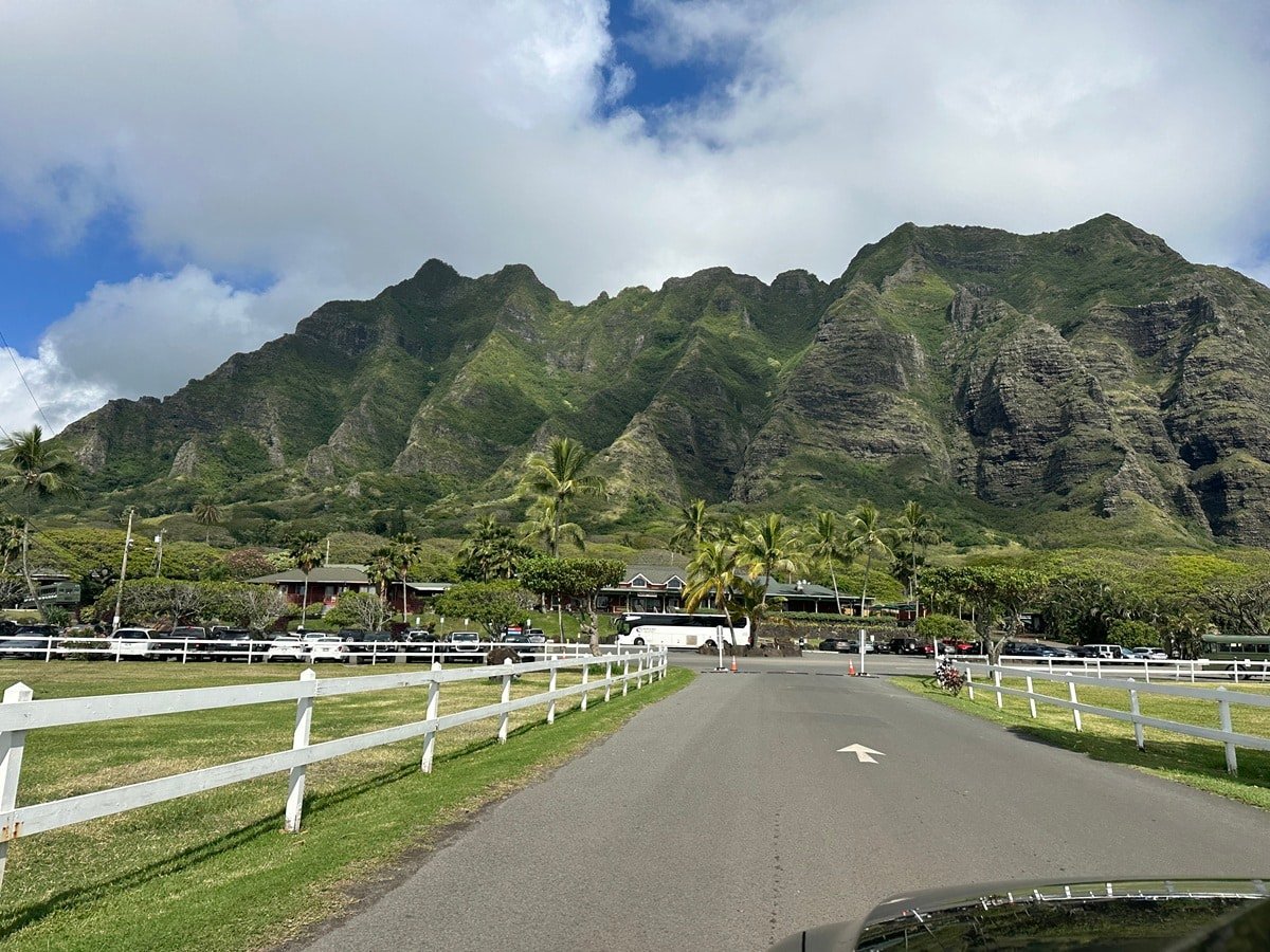 Driving up to Kualoa Ranch in Oahu.