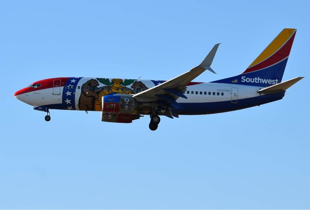 A Southwest Airlines plane in the sky.