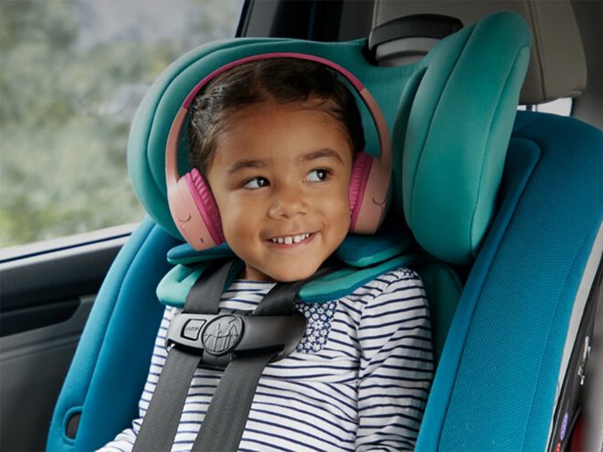 Child wearing Belkin Soundform Mini Wireless Bluetooth Headphones.