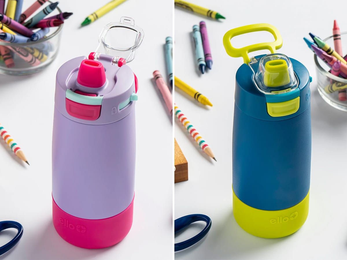 Ello stainless steel kids water bottles in purple and blue.