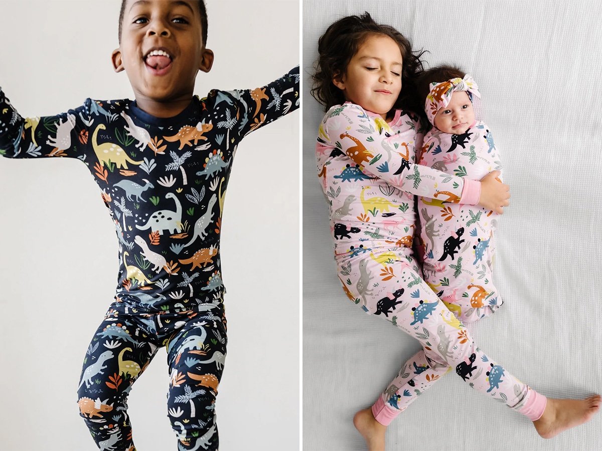 Kids wearing Little Sleepies Jurassic Jungle Two-Piece Pajama Set.