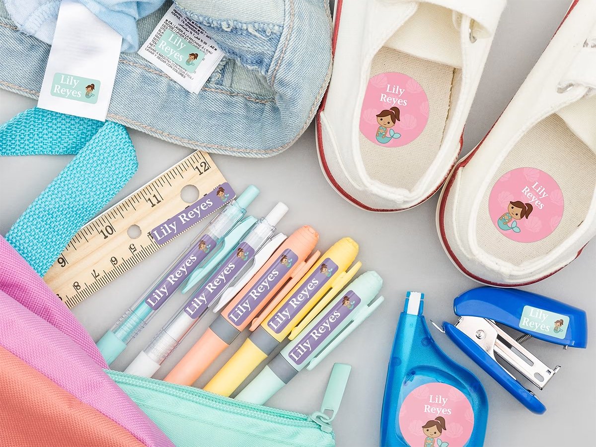 A collection of children's items labeled with Mabel's Labels.