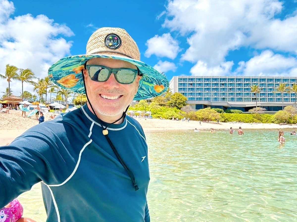 Johnny Jet standing on the beach at the Ritz-Carlton Oahu, Turtle Bay.