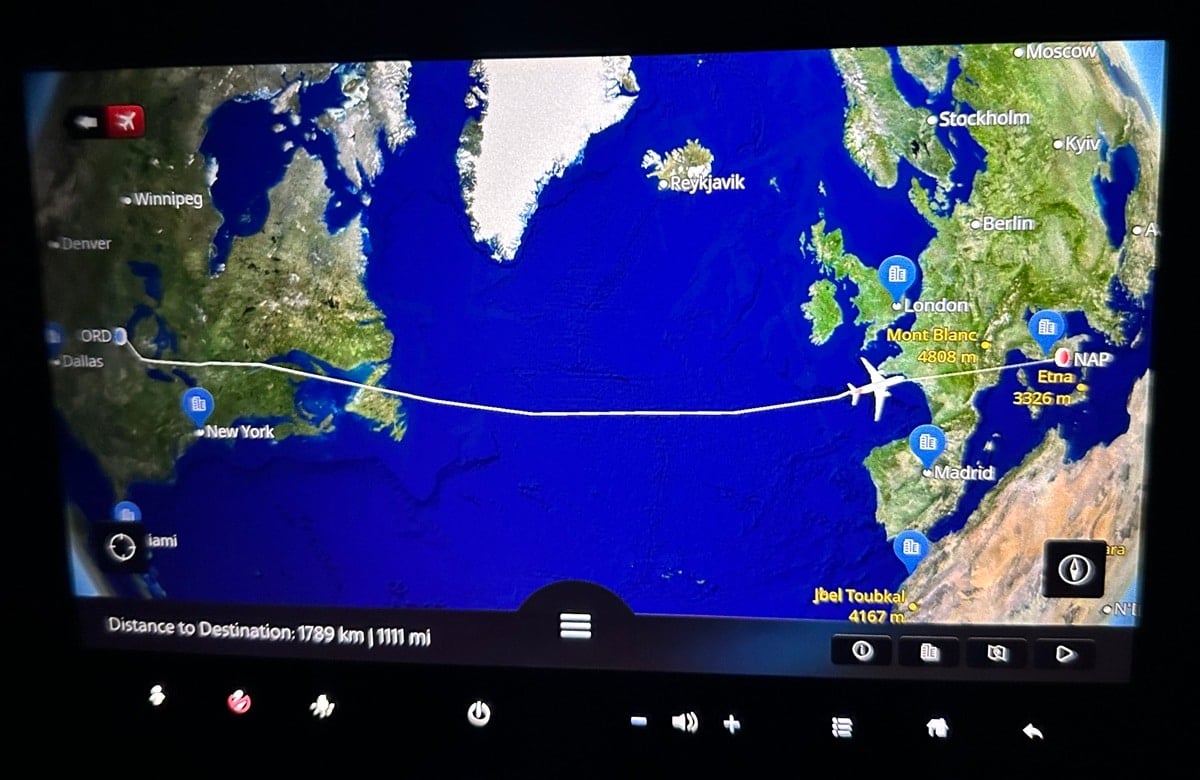 In-flight map of a Chicago to Napoli flight