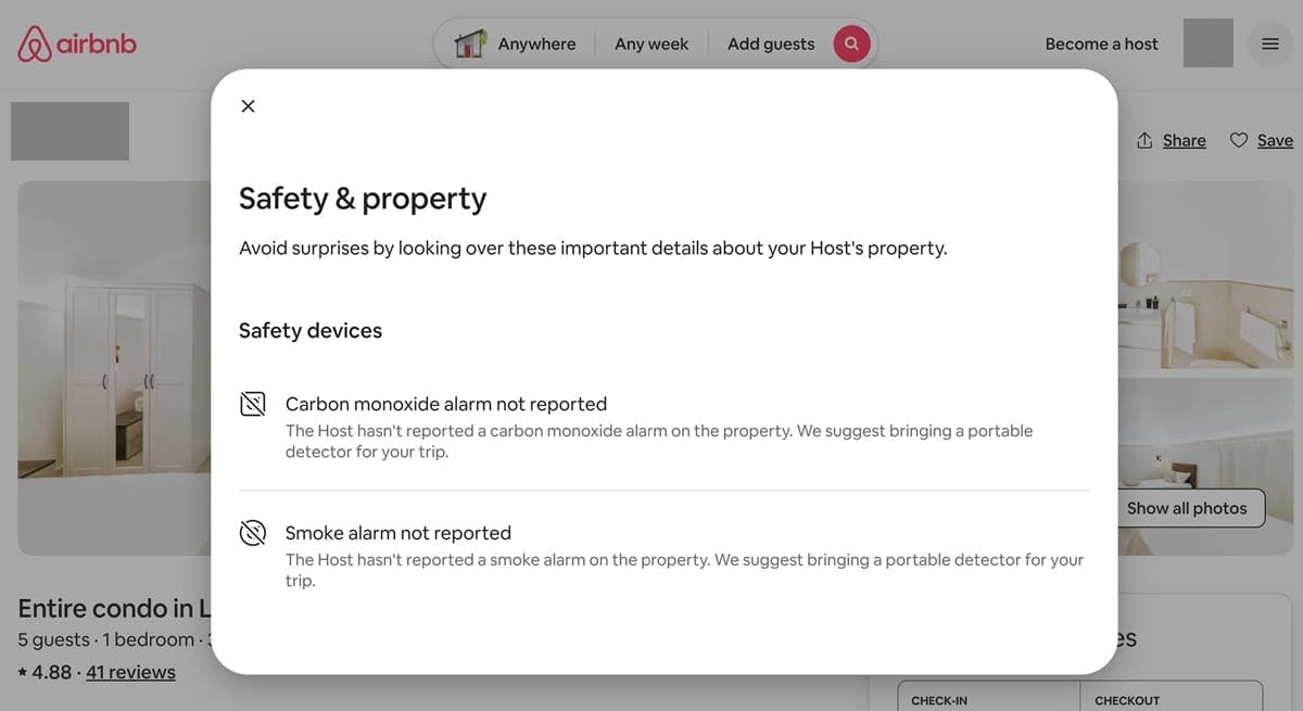 Screenshot of a recommendation from Airbnb to bring a CO detector 