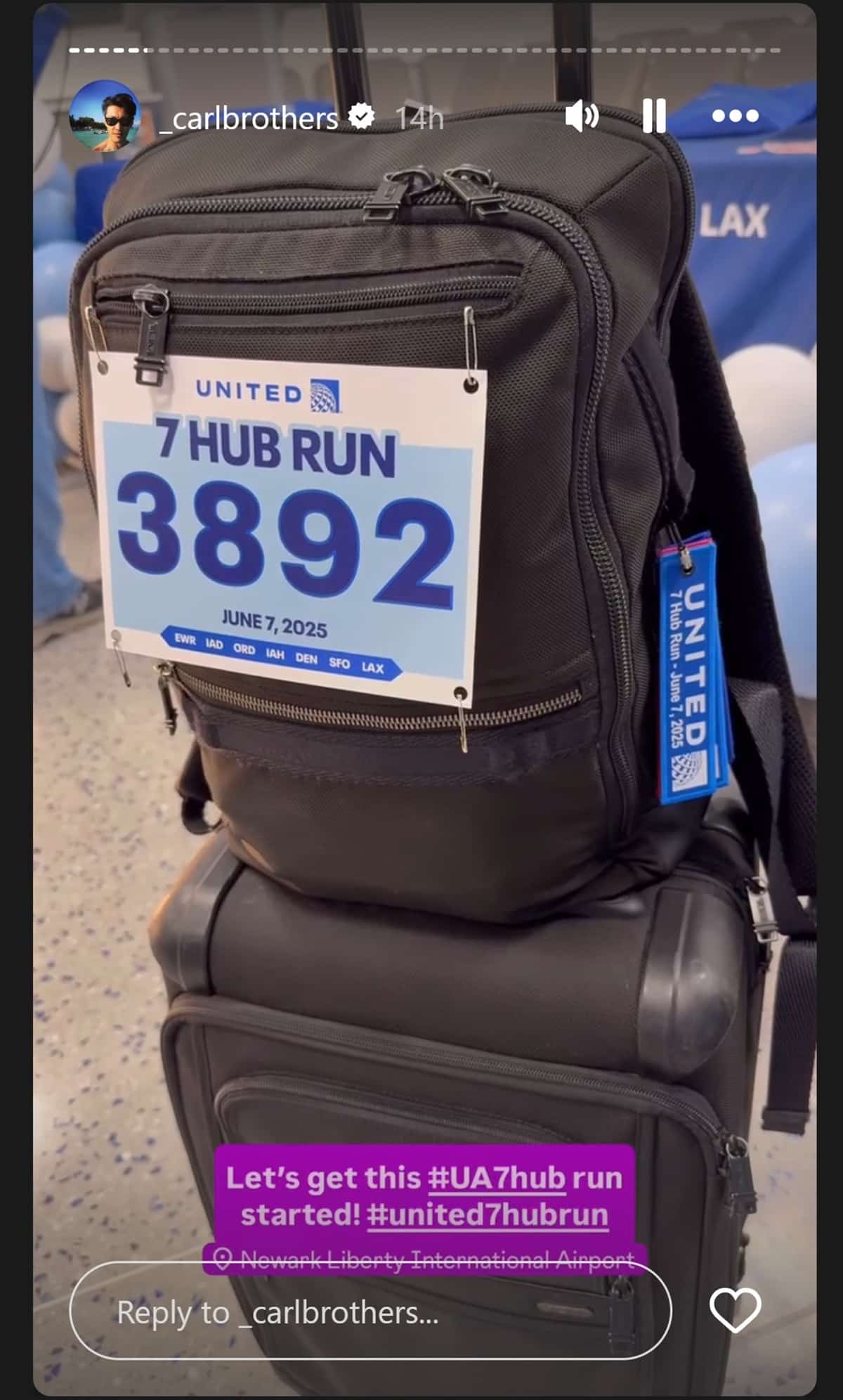 Marathon tag on carryon luggage for United 7 Hub challenge
