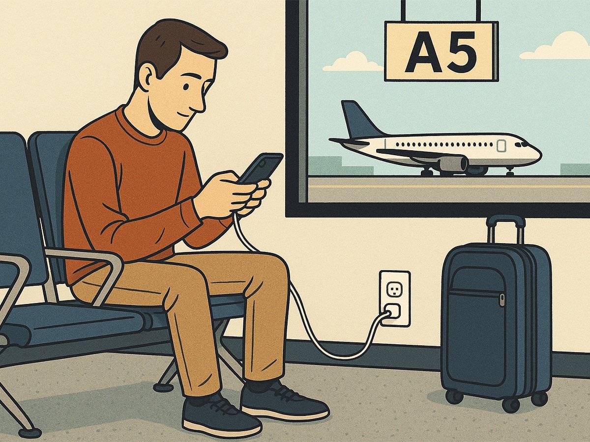 Illustration of a man charging his phone at an airport gate.