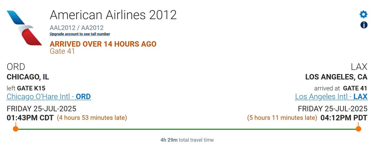Screenshot of AA 2012 flight status for July 25