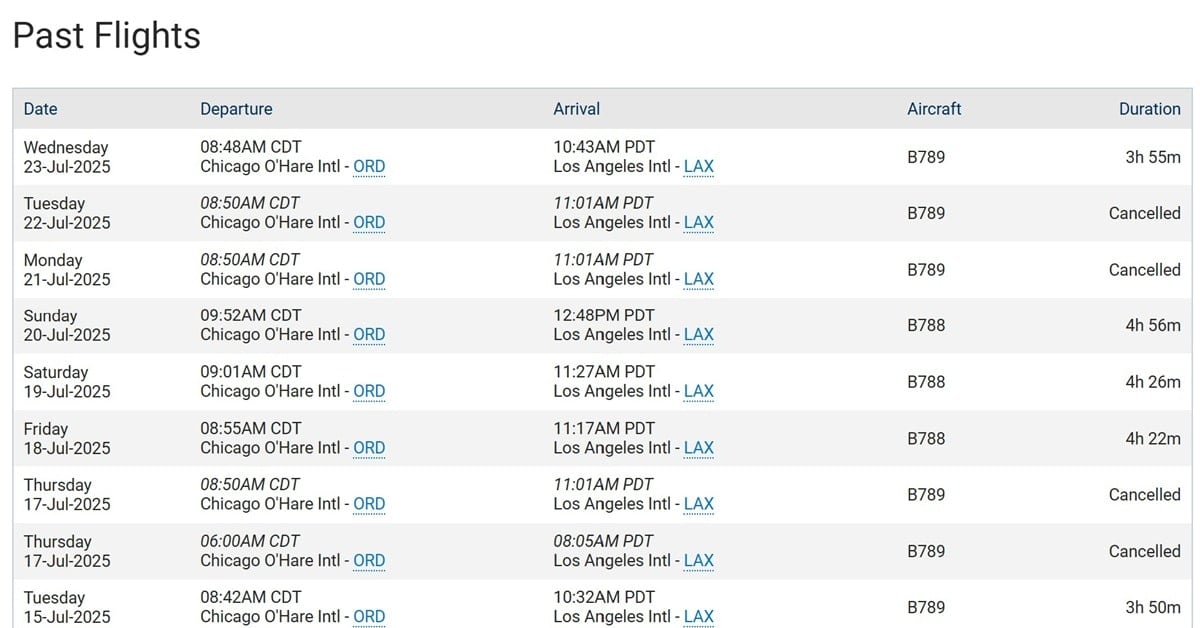 Screenshot of AA 2012 cancelations