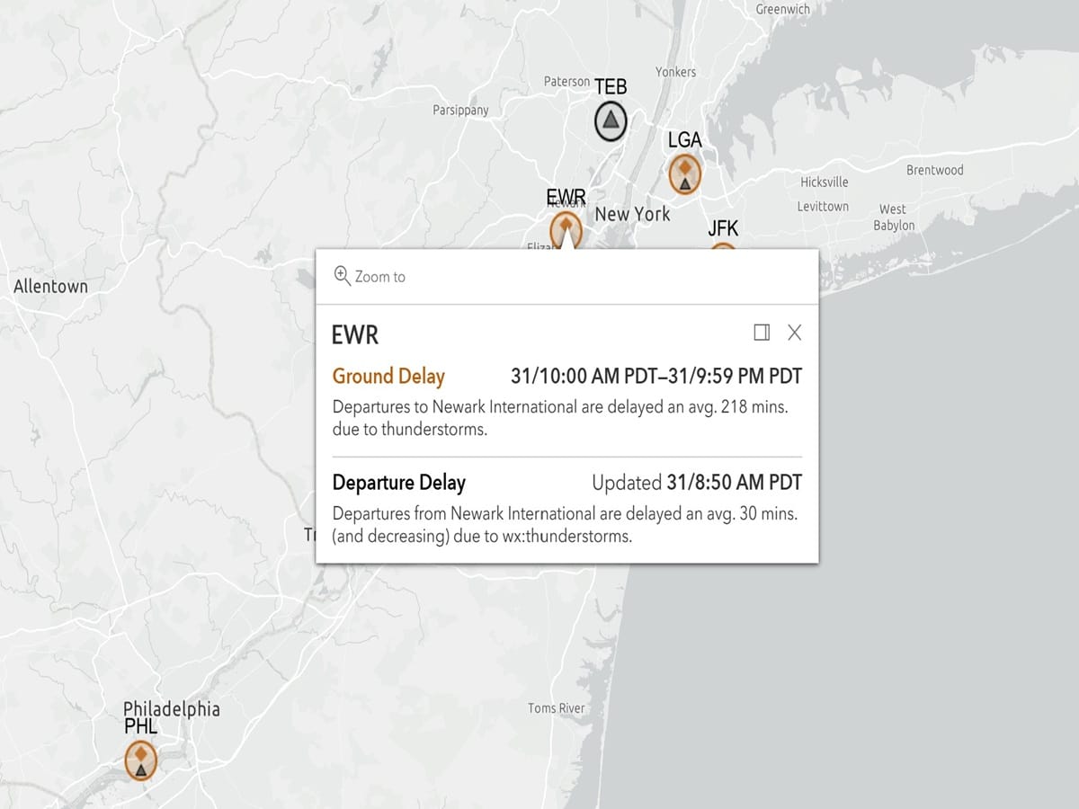 Screenshot of FAA showing long delays at Newark, JFK, LGA and PHL airports