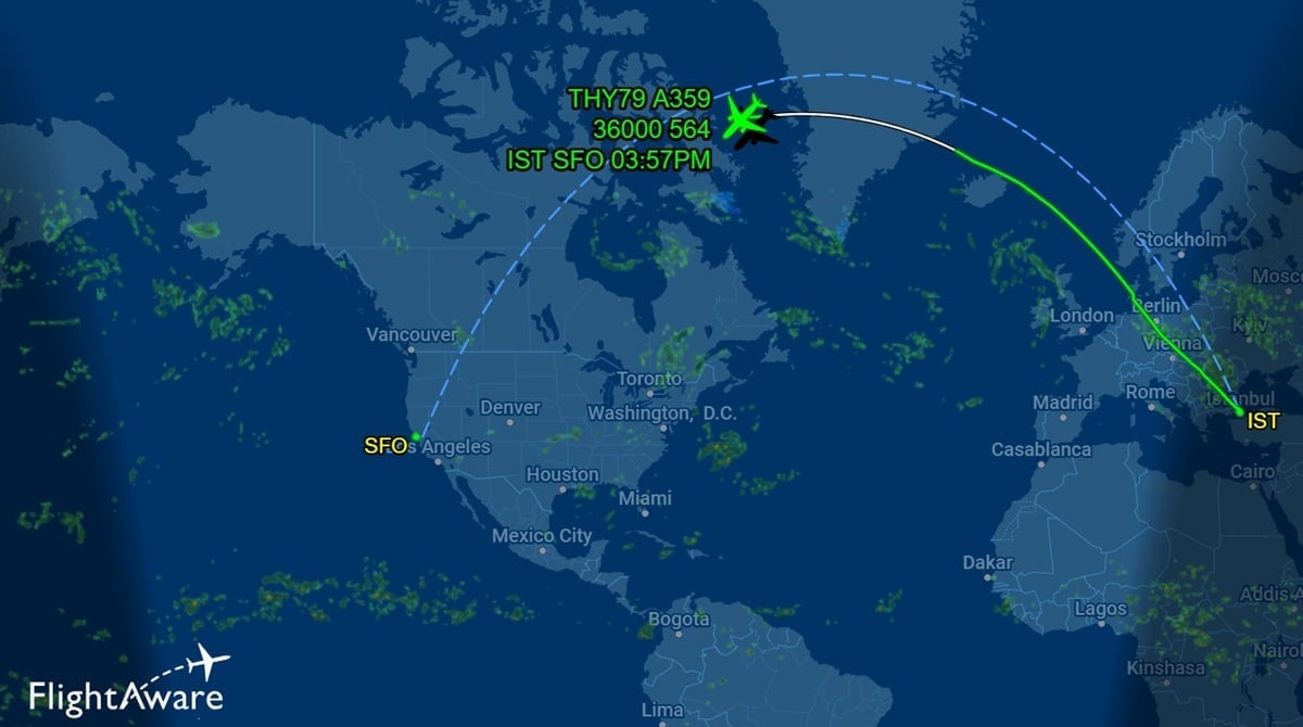 Screenshot of the flight map of TK flight witht he plane just past Greenland