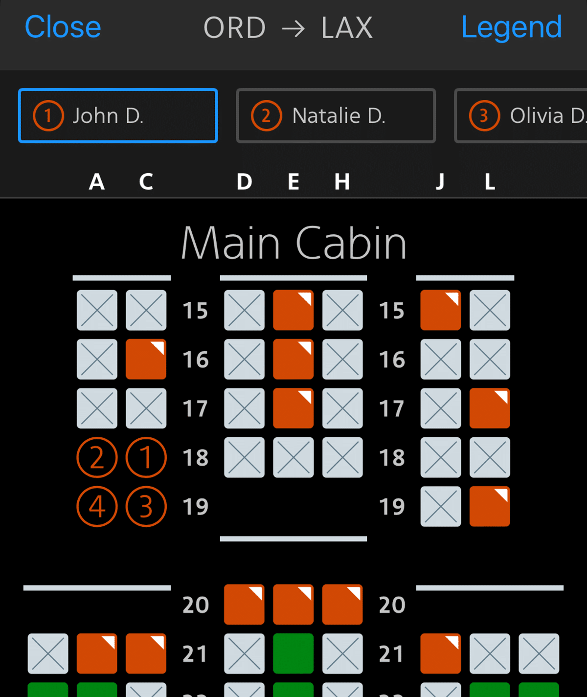 Screenshot of AA's seatmap for flight 2012