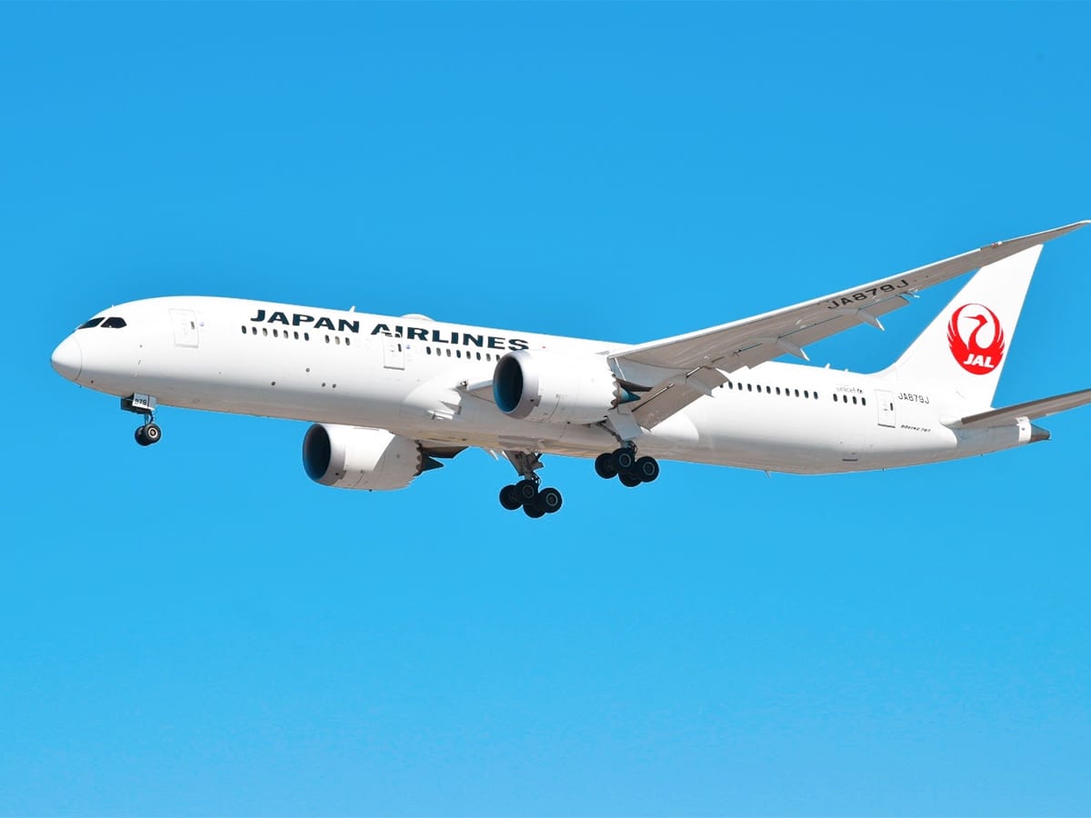 Japan Airlines plane in the sky.